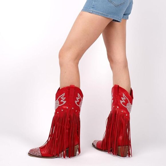 Cowboy Boots for Women Red Cowgirl Boots with Fringe Rhinestone Hearts - Picture 2 of 5